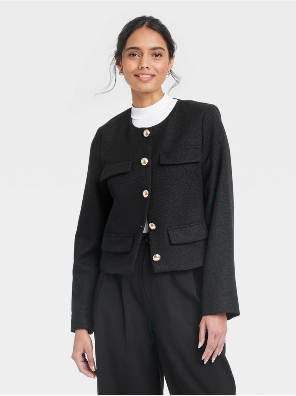 a new day Black Cropped Textured Blazer with Gold Buttons b197